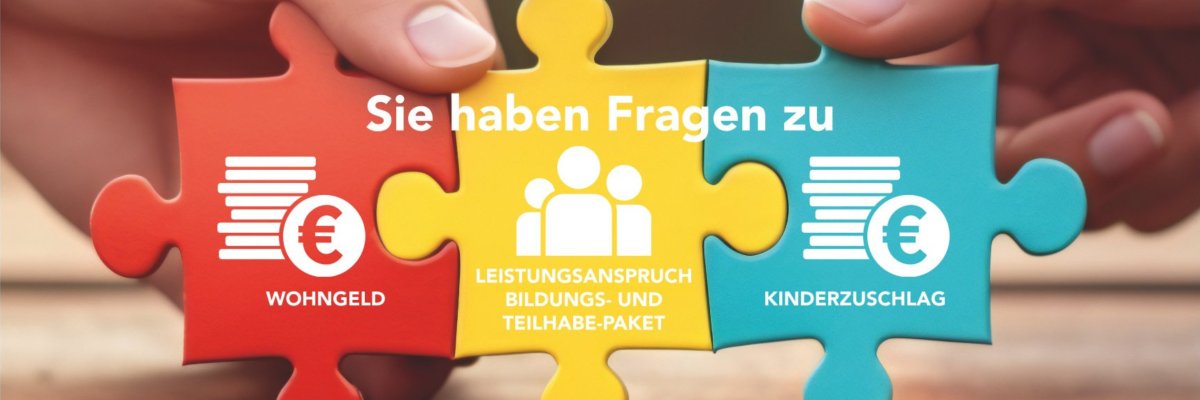 Zwei Hände halten drei verbundene Puzzleteile auf denen Wohngeld, BuT und Kinderzuschlag steht.