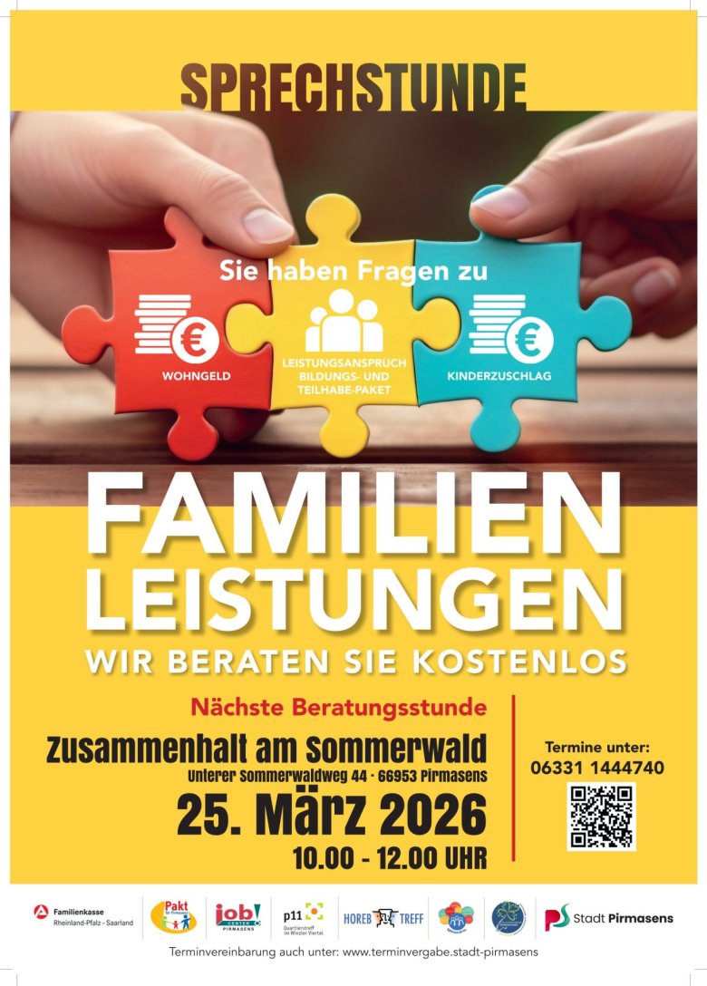 Plakat "Sprechstunde Familienleistungen" im März 2026